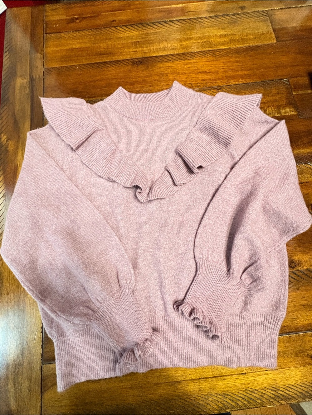 Ruffle-Trim Mock Neck Sweater in Dusty Rose